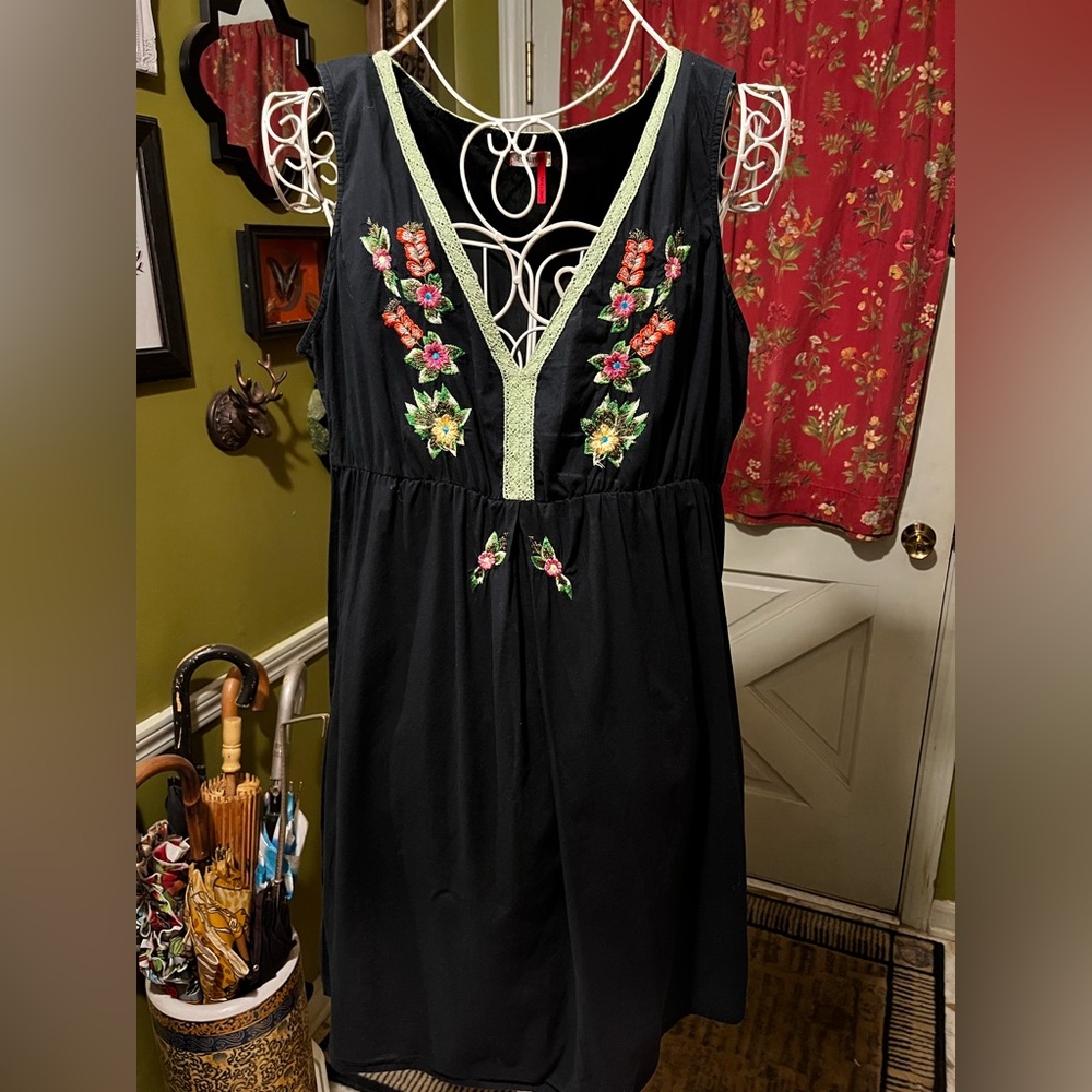 Old Navy Floral Pink Green Yellow Embroidered Black Vacation Dress XL